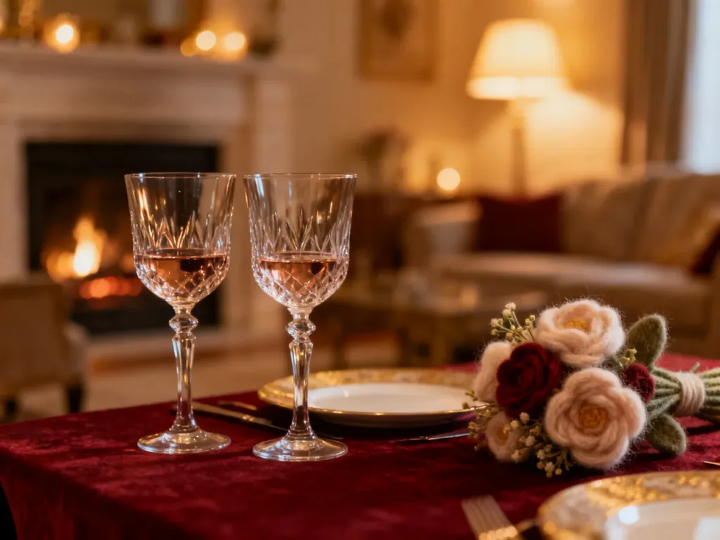 Romantycznie nakryty stół z winem i kwiatami w przytulnym salonie z kominkiem, idealny na obchody rocznicy ślubu.