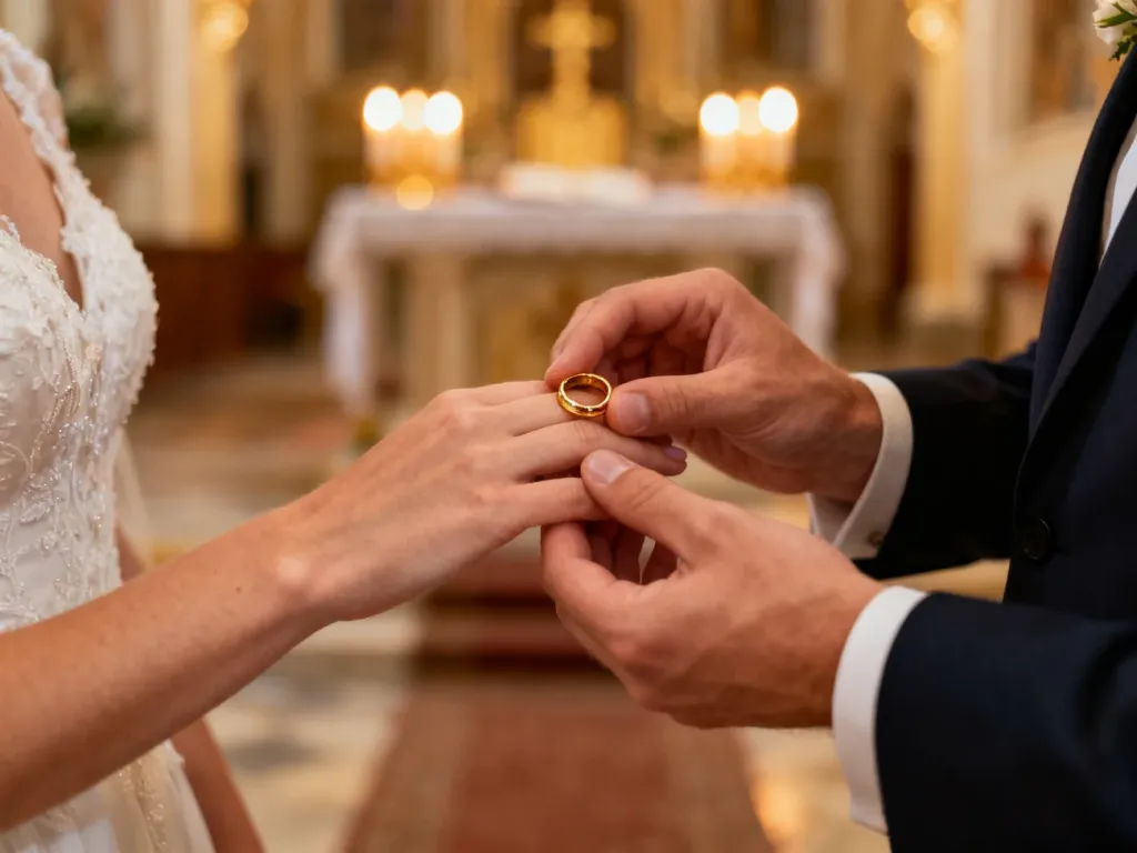 Para młoda wymieniająca złote obrączki podczas uroczystej ceremonii ślubu w kościele.