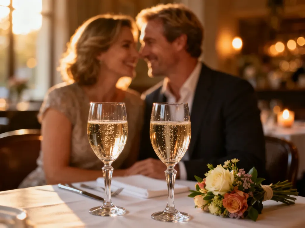 Szczęśliwa para świętująca rocznicę ślubu przy eleganckiej kolacji w romantycznej atmosferze restauracji.