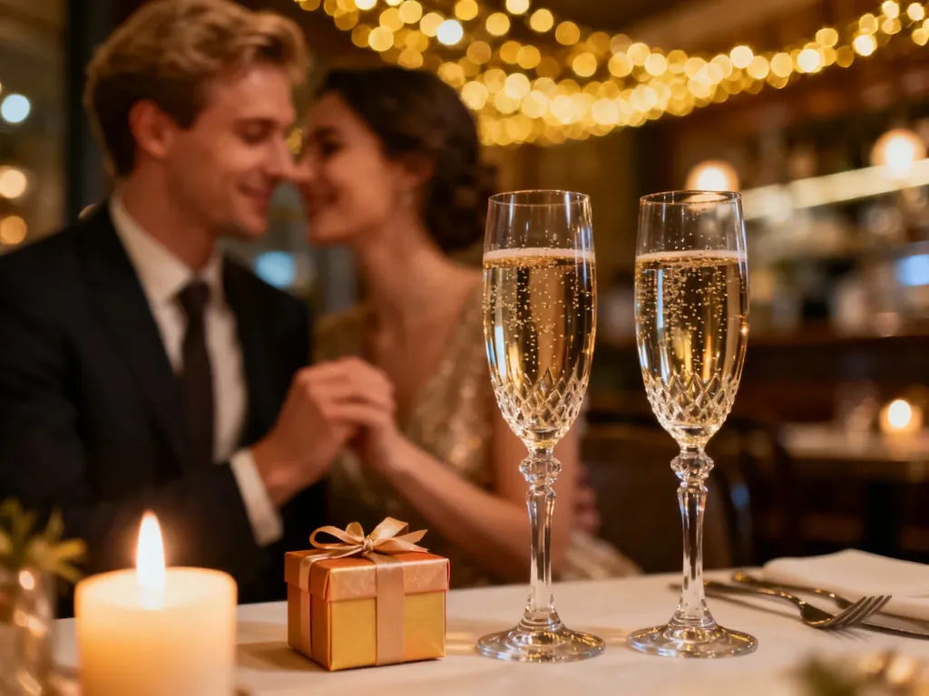 Elegancka para świętująca rocznicę ślubu przy romantycznej kolacji z winem i prezentem w blasku świec.