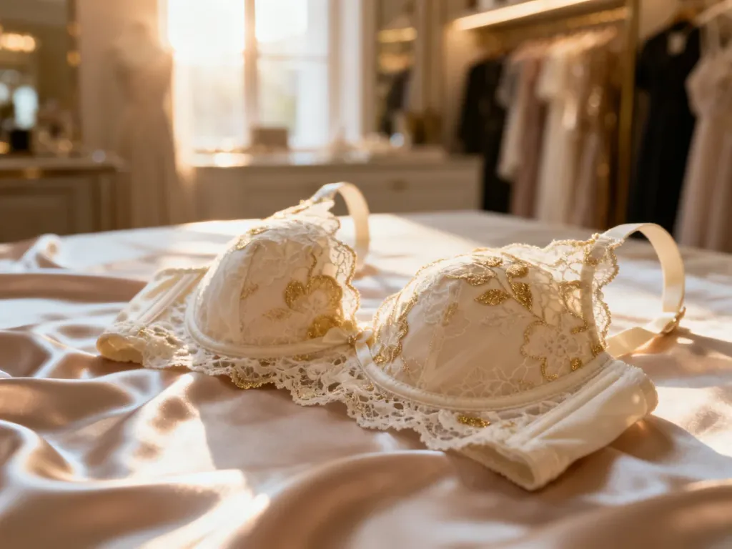 Elegancki koronkowy biustonosz na satynowym tle, podkreślający wysoką jakość i estetykę bielizny.