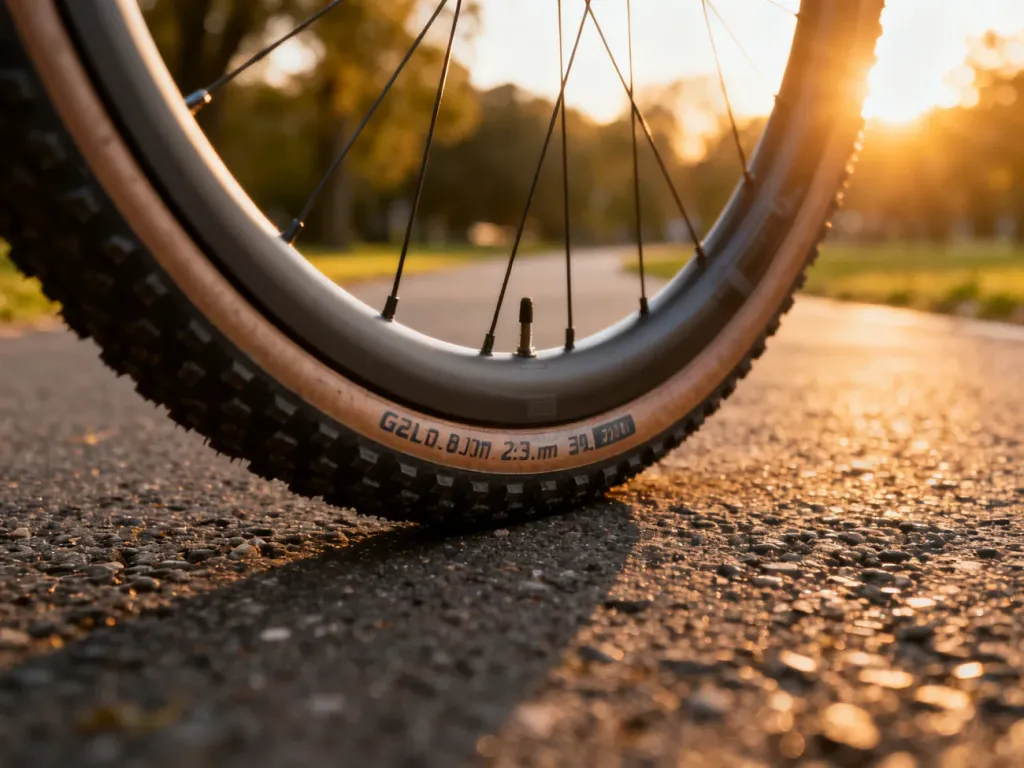 Zbliżenie na bieżnik i oznaczenia rozmiaru opony rowerowej typu gravel na tle asfaltowej ścieżki w świetle zachodzącego słońca.