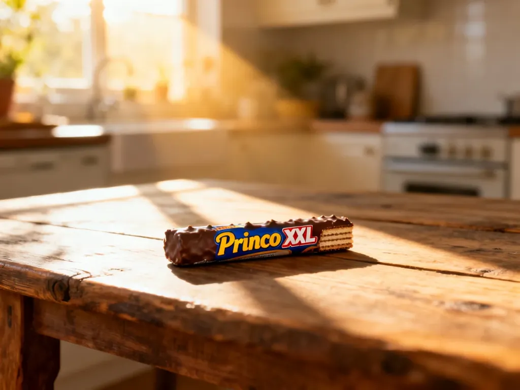 Wafel Prince Polo XXL leżący na rustykalnym drewnianym stole w słonecznej kuchni.