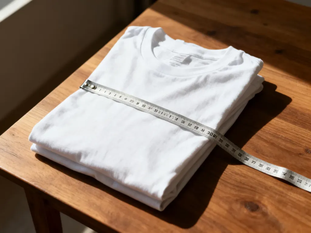 Złożony biały T-shirt z miarką krawiecką na klatce piersiowej, obrazujący sposób mierzenia rozmiaru odzieży w centymetrach.