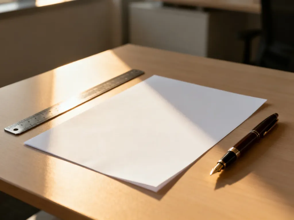 Biała kartka formatu US Letter leżąca na drewnianym biurku obok linijki i pióra wiecznego.