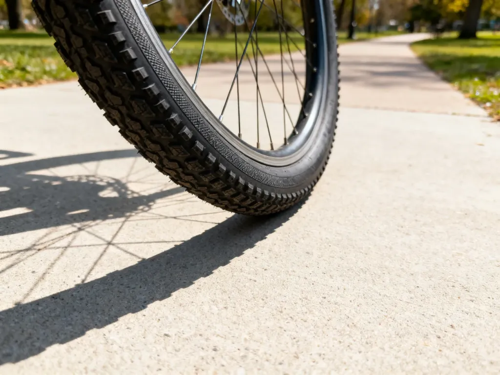 Zbliżenie na bieżnik i ściankę boczną opony rowerowej 700x38c na jasnym podłożu w słoneczny dzień.